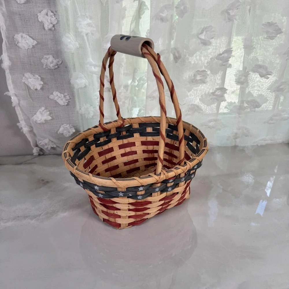 American Flag Hand Basket Ceramic Blueberry Painted Handle Patriotic July 4th
